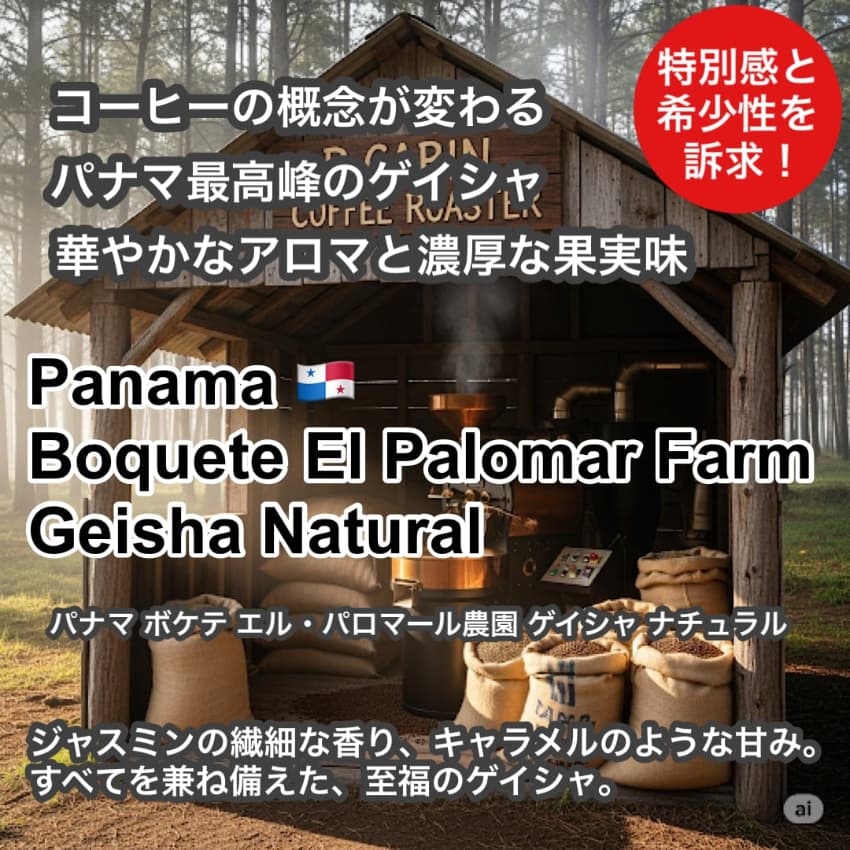 Panama Boquete El Palomar Farm Geisha Natural（パナマ ボケテ エル パロマール農園 ゲイシャ ナチュラル）100g【受注焙煎・自家焙煎コーヒー豆】【繊細なジャスミンの香りと甘く力強いフルーツフレーバー】